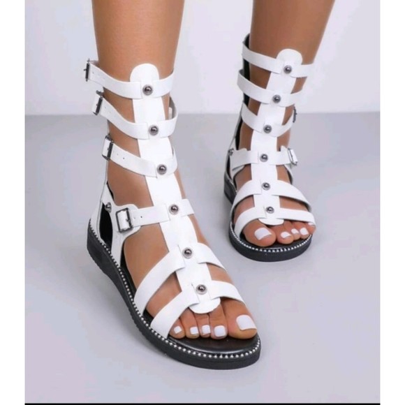 NWT White Gladiator Sandals Ankle Size 5.5 36 Buckle Detail Studded Decor - Picture 2 of 5